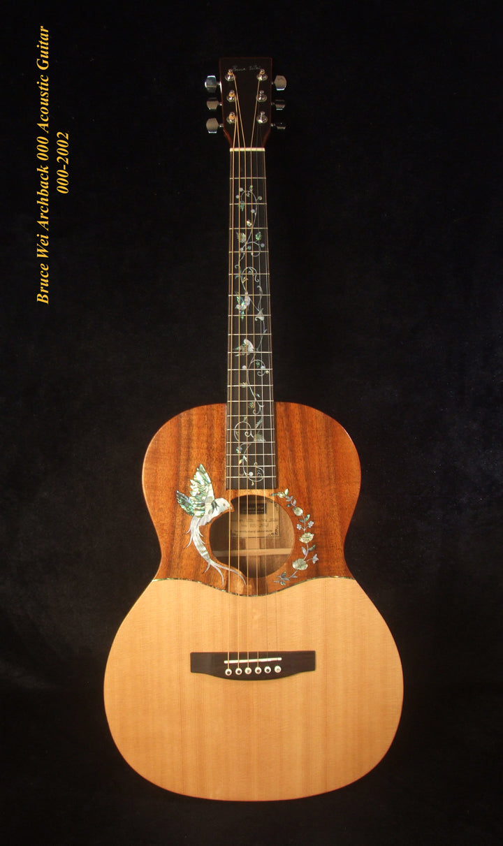 Handmade Hawaiian Koa, Spruce, Acacia ArchBack 000 Acoustic Guitar Bird Flora Inlay, Soft-Bag, Bruce Wei 000-2002