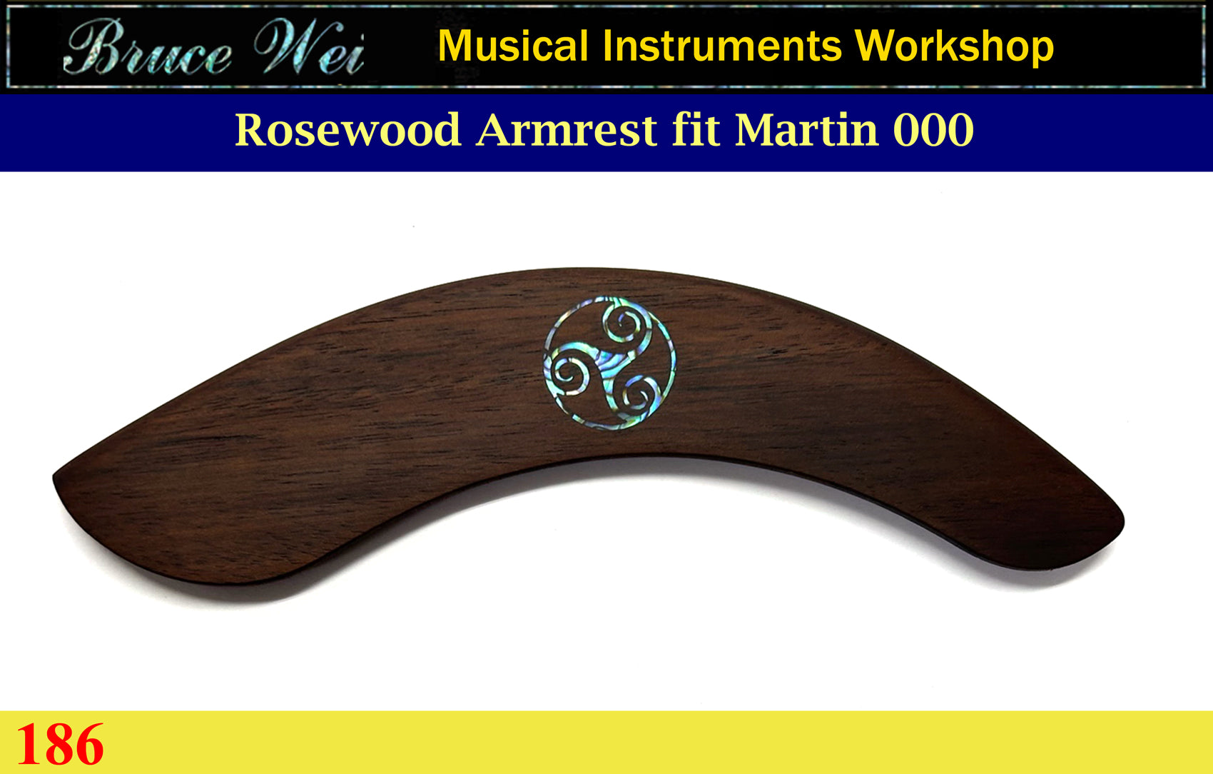 For Martin 000, Guitar Handmade Rosewood Armrest, Abalone Inlay, Bruce Wei (186)