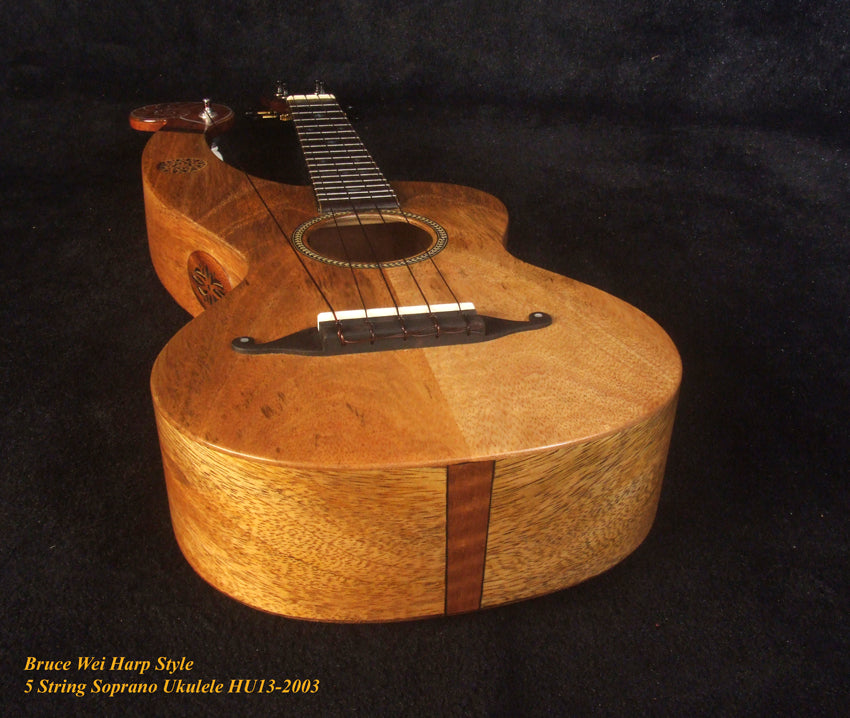 Handcrafted Harp Style 5 String Soprano Ukulele, Bruce Wei ,Solid Acacia, Mango HU13-2003
