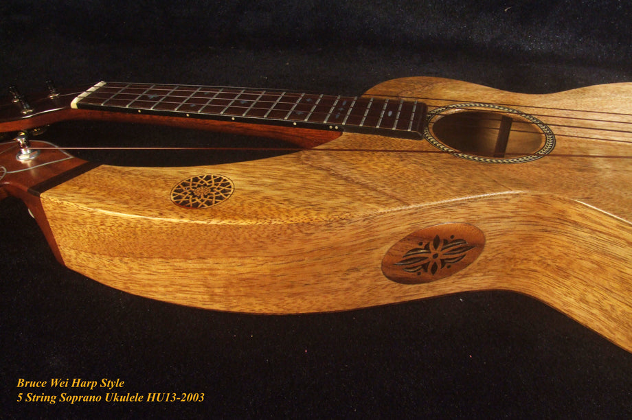 Handcrafted Harp Style 5 String Soprano Ukulele, Bruce Wei ,Solid Acacia, Mango HU13-2003