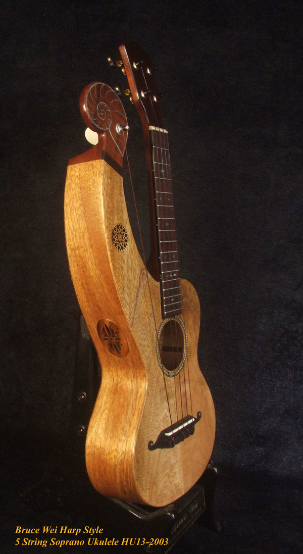 Handcrafted Harp Style 5 String Soprano Ukulele, Bruce Wei ,Solid Acacia, Mango HU13-2003