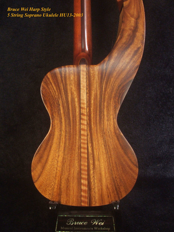 Handcrafted Harp Style 5 String Soprano Ukulele, Bruce Wei ,Solid Acacia, Mango HU13-2003