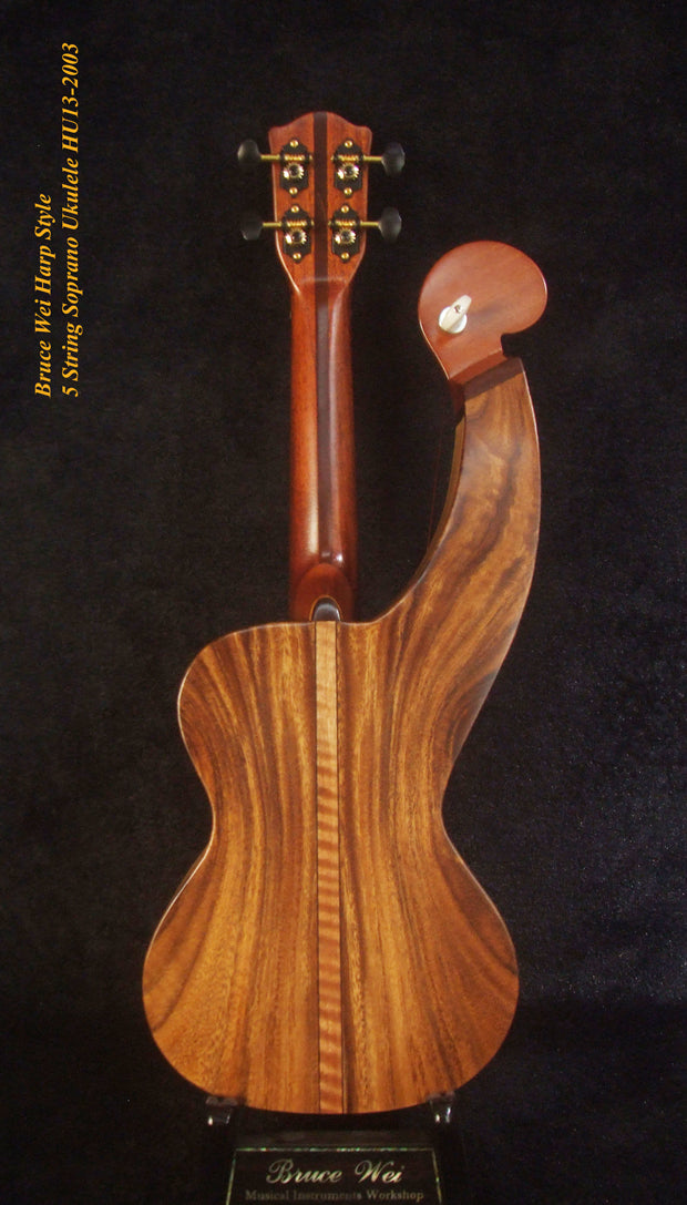 Handcrafted Harp Style 5 String Soprano Ukulele, Bruce Wei ,Solid Acacia, Mango HU13-2003