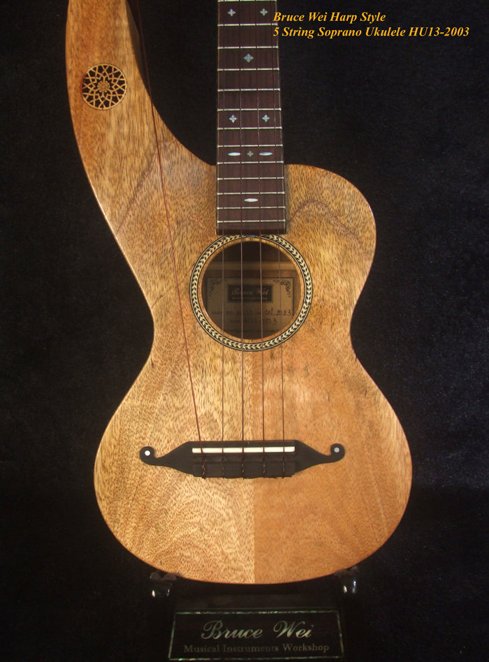 Handcrafted Harp Style 5 String Soprano Ukulele, Bruce Wei ,Solid Acacia, Mango HU13-2003
