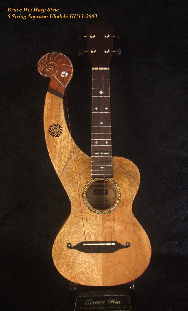 Handcrafted Harp Style 5 String Soprano Ukulele, Bruce Wei ,Solid Acacia, Mango HU13-2003