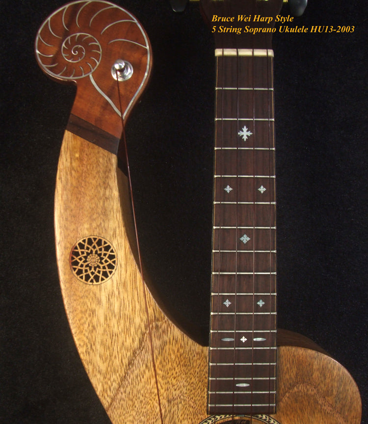 Handcrafted Harp Style 5 String Soprano Ukulele, Bruce Wei ,Solid Acacia, Mango HU13-2003