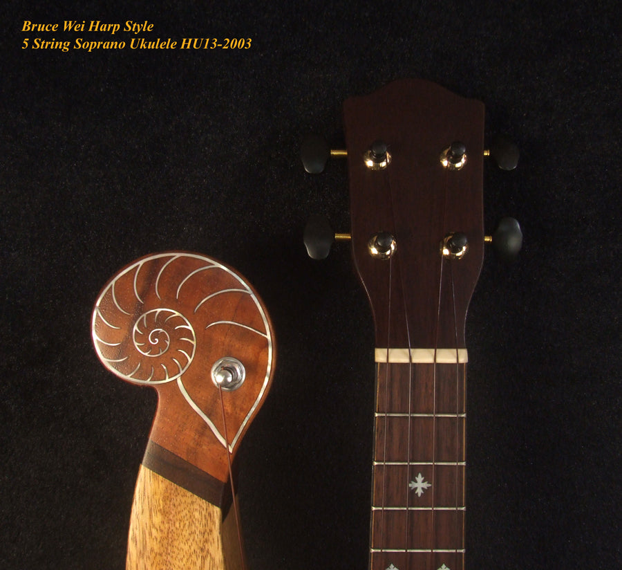 Handcrafted Harp Style 5 String Soprano Ukulele, Bruce Wei ,Solid Acacia, Mango HU13-2003