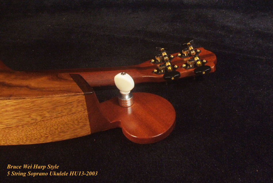 Handcrafted Harp Style 5 String Soprano Ukulele, Bruce Wei ,Solid Acacia, Mango HU13-2003