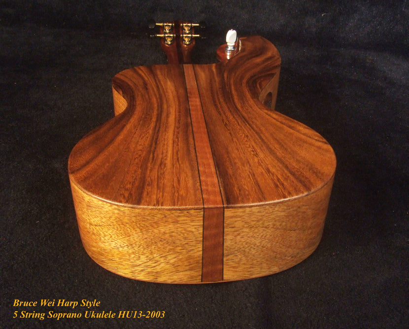 Handcrafted Harp Style 5 String Soprano Ukulele, Bruce Wei ,Solid Acacia, Mango HU13-2003