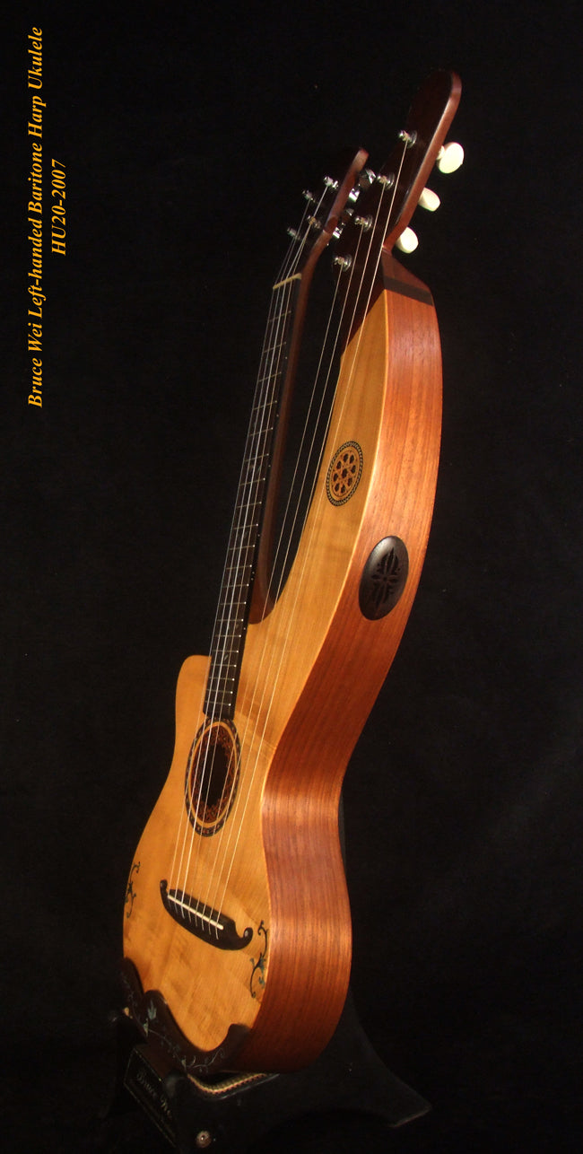 Left-Handed Baritone HARP Ukulele, Handcrafted Spruce, Mahogany , Vine Inlay, Hard Case, Bruce Wei HU20-2007