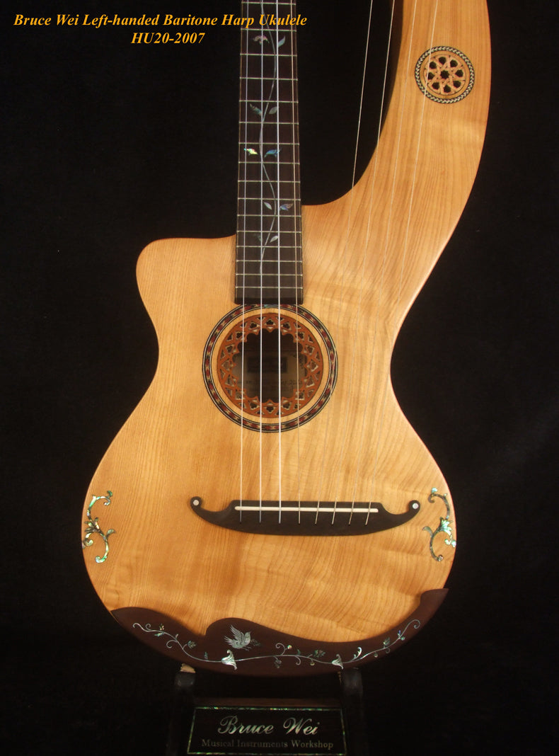 Left-Handed Baritone HARP Ukulele, Handcrafted Spruce, Mahogany , Vine Inlay, Hard Case, Bruce Wei HU20-2007