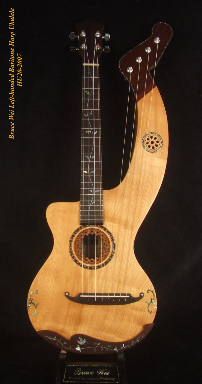 Left-Handed Baritone HARP Ukulele, Handcrafted Spruce, Mahogany , Vine Inlay, Hard Case, Bruce Wei HU20-2007