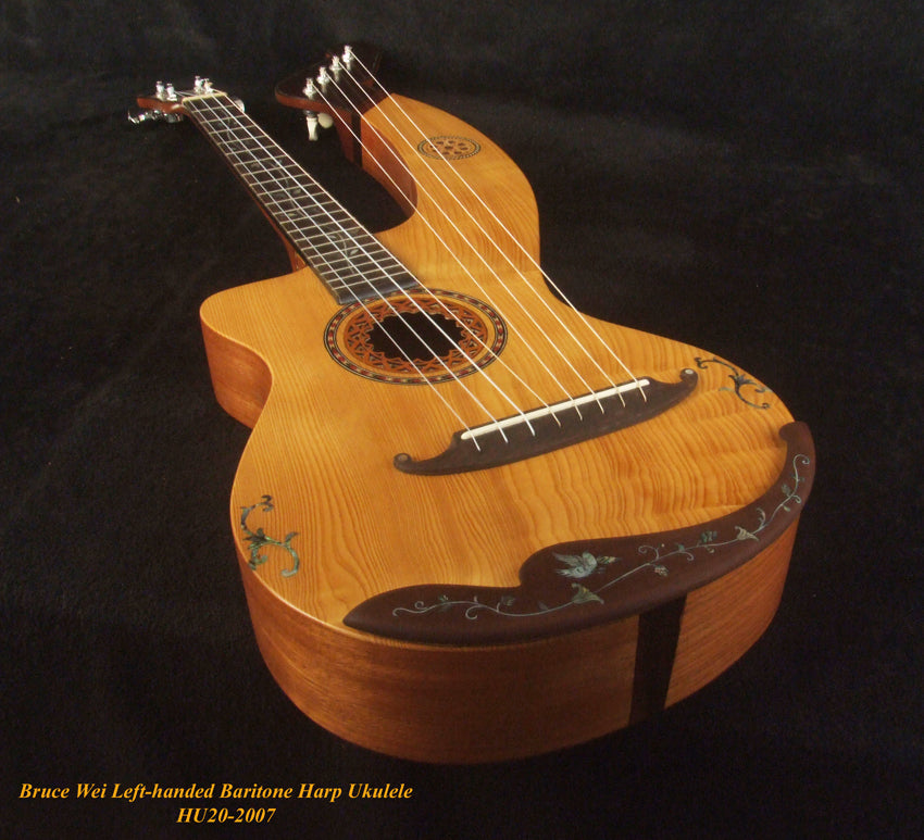 Left-Handed Baritone HARP Ukulele, Handcrafted Spruce, Mahogany , Vine Inlay, Hard Case, Bruce Wei HU20-2007