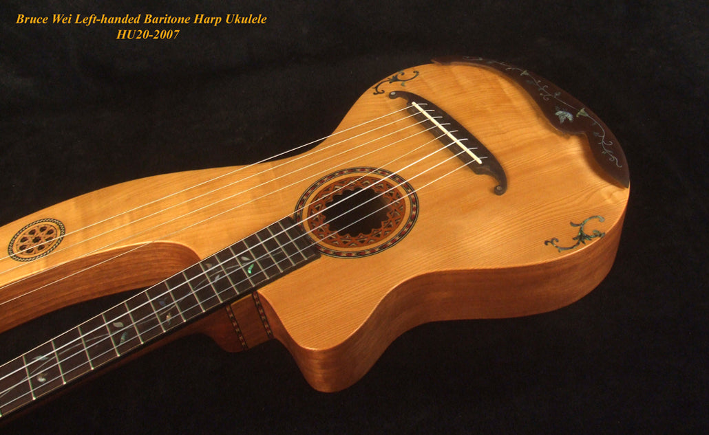 Left-Handed Baritone HARP Ukulele, Handcrafted Spruce, Mahogany , Vine Inlay, Hard Case, Bruce Wei HU20-2007
