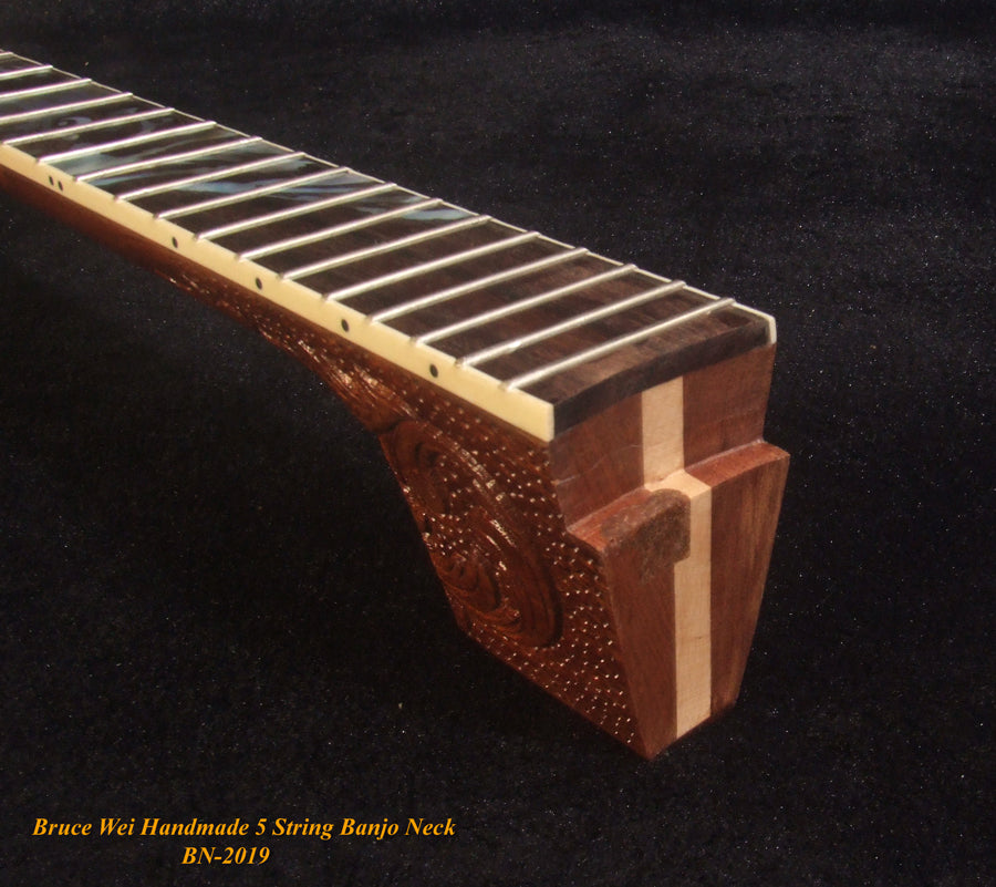 Handcrafted 5 String Banjo Neck, Solid Mahogany TIGER Inlay, Heel Carved, Bruce Wei BN-2019