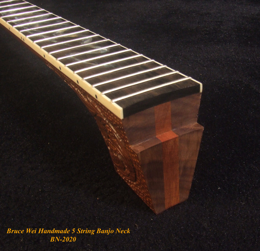 Handcrafted 5 String Banjo Neck, Solid Walnut & Mahogany DRAGON Inlay, Heel Carved, Bruce Wei BN-2020
