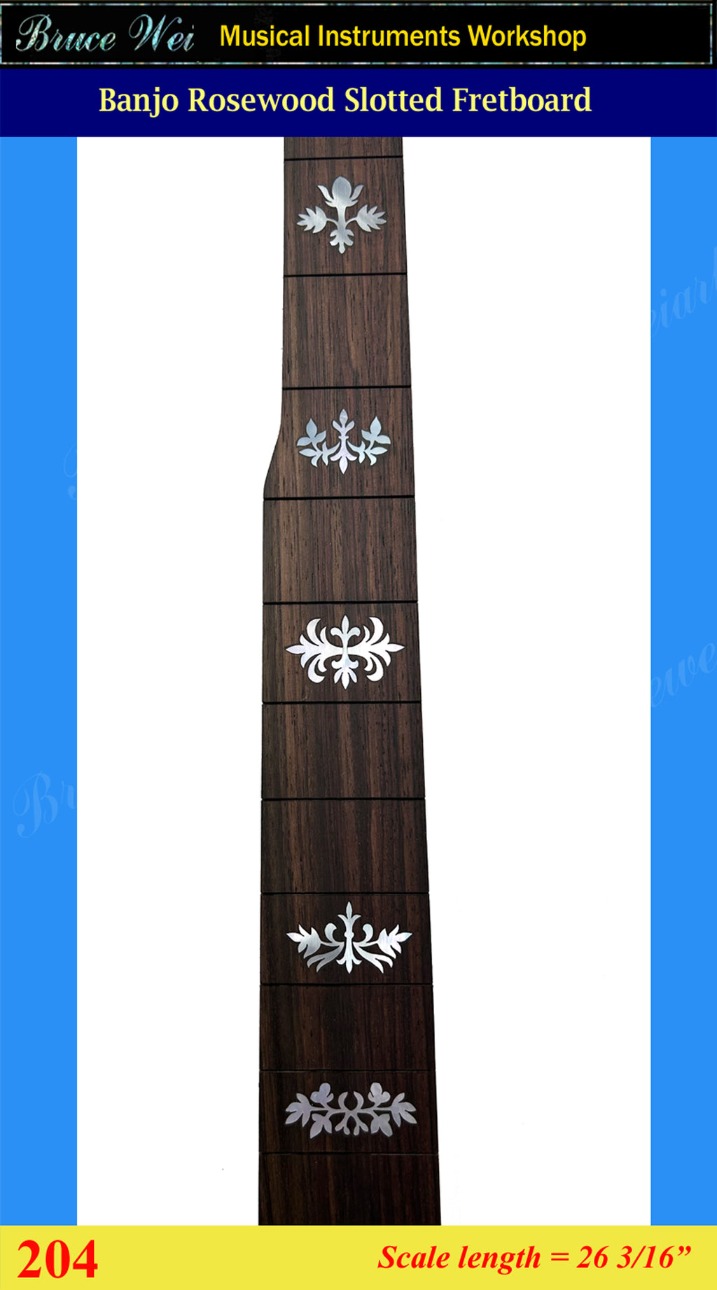 Banjo Handmade 26 3/16" Rosewood Slotted Fretboard, MOP Inlay, Bruce Wei ( 204 )