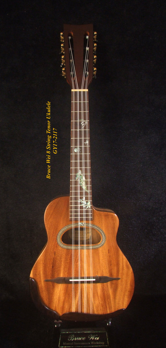 Handmade 8 String Gypsy Tenor Ukulele, Solid Acacia, Turtle inlay, Soft-bag, Bruce Wei GY17-2117