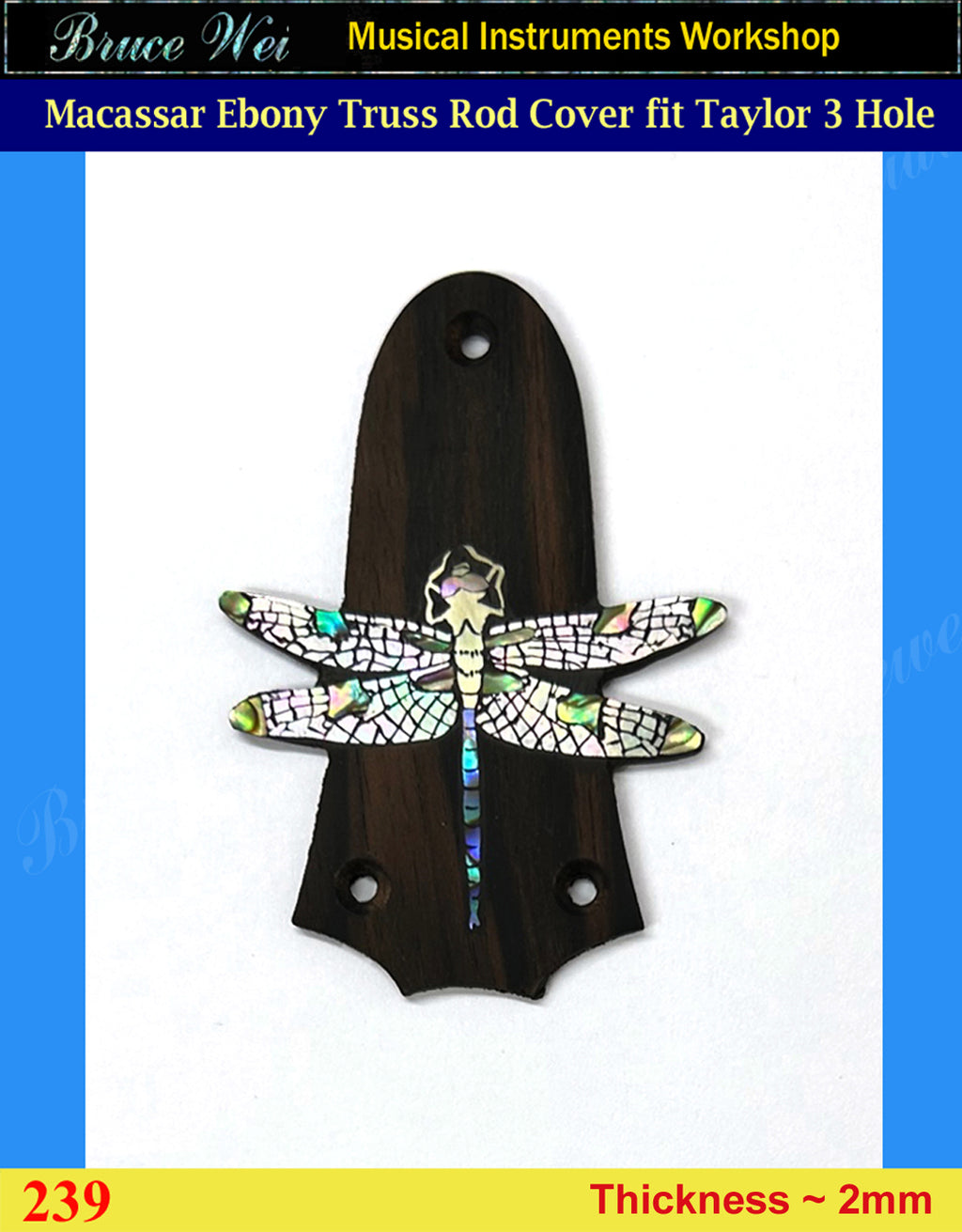 Free Shipping, Fit Standard Taylor 3 Hole, Macassar Ebony Truss Rod Cover, Dragonfly inlay, Bruce Wei ( 239 )