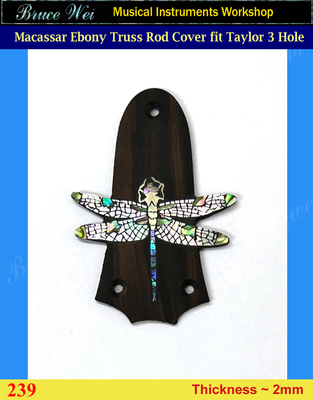 Free Shipping, Fit Standard Taylor 3 Hole, Macassar Ebony Truss Rod Cover, Dragonfly inlay, Bruce Wei ( 239 )
