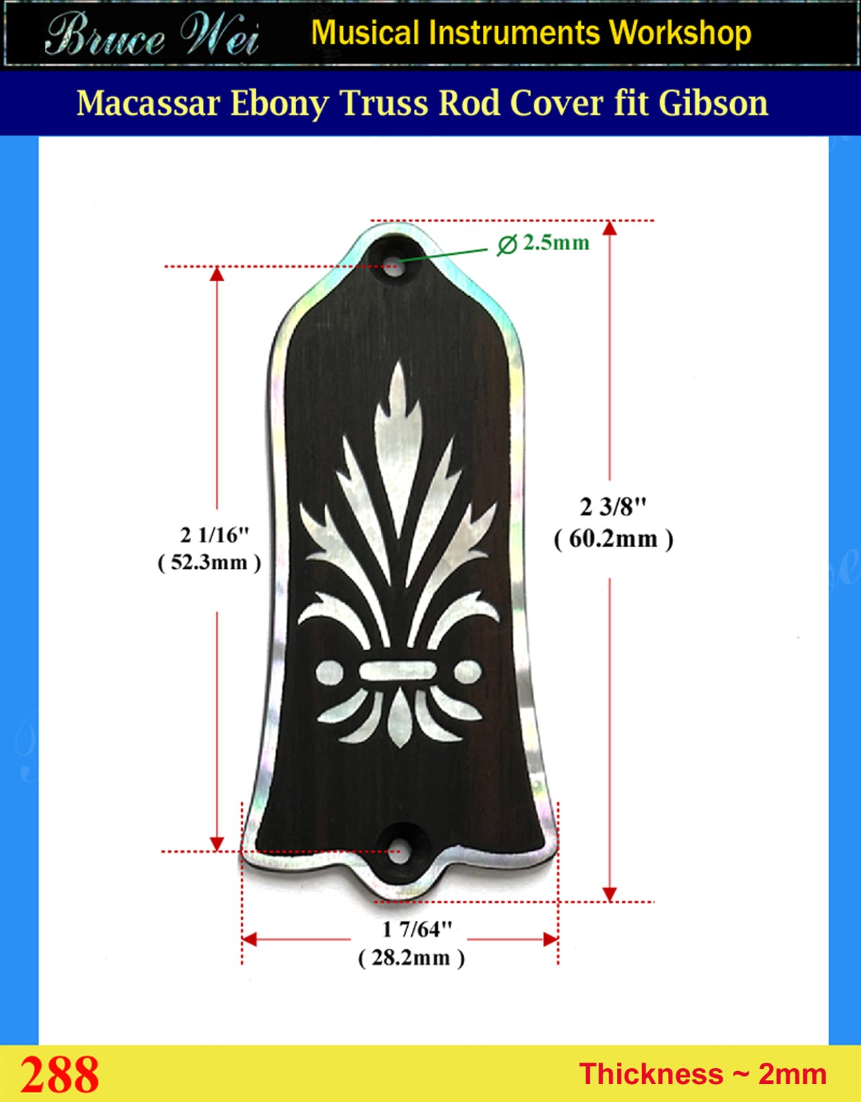 Free Shipping, Fit Gibson Handcrafted Macassar Ebony Truss Rod Cover, Abalone & MOP Inlay, Bruce Wei (288)
