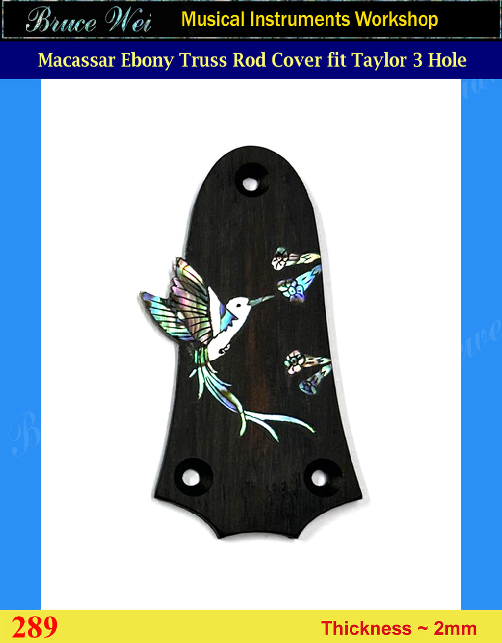 Free Shipping Fit Standard Taylor 3 hole Handcrafted Macassar Ebony Truss Rod Cover, HummingBird Inlay, Bruce Wei (289)