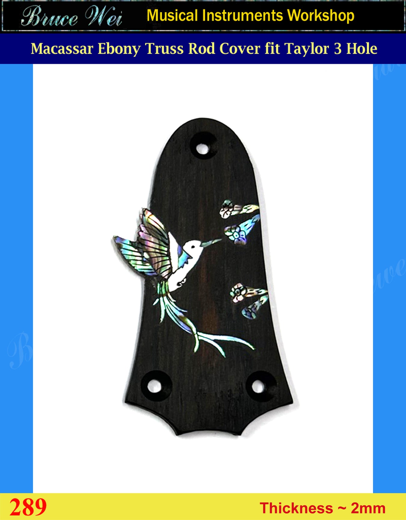 Free Shipping Fit Standard Taylor 3 hole Handcrafted Macassar Ebony Truss Rod Cover, HummingBird Inlay, Bruce Wei (289)