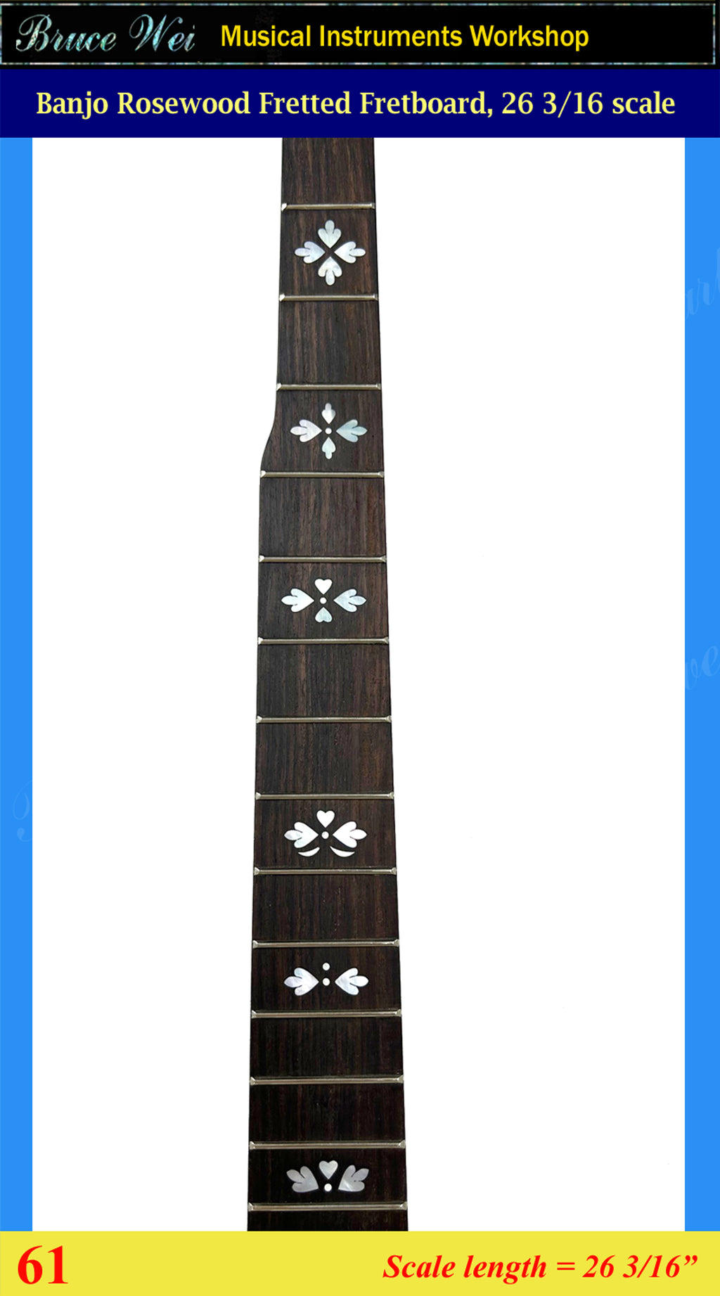 Banjo 5 String Rosewood Fretted Fretboard, Scale length 26 3/16", MOP Inlay, Bruce Wei (61)