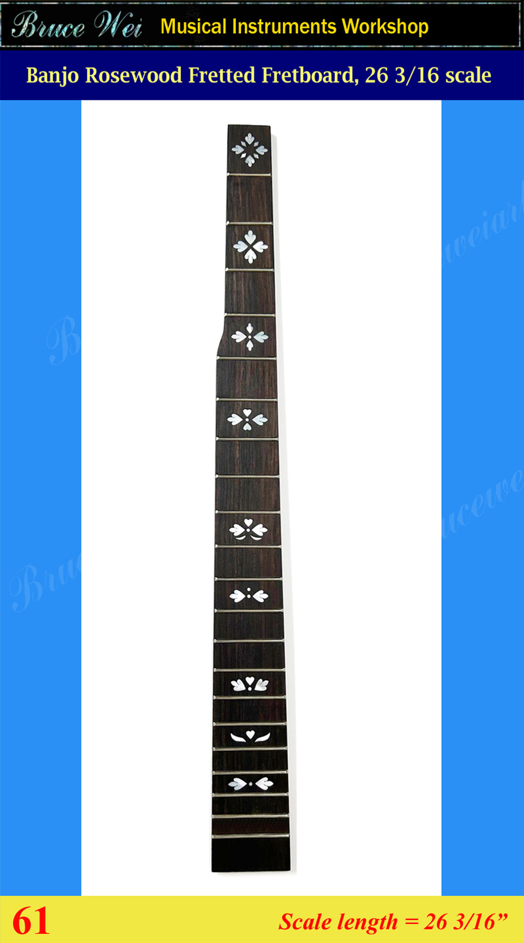 Banjo 5 String Rosewood Fretted Fretboard, Scale length 26 3/16", MOP Inlay, Bruce Wei (61)