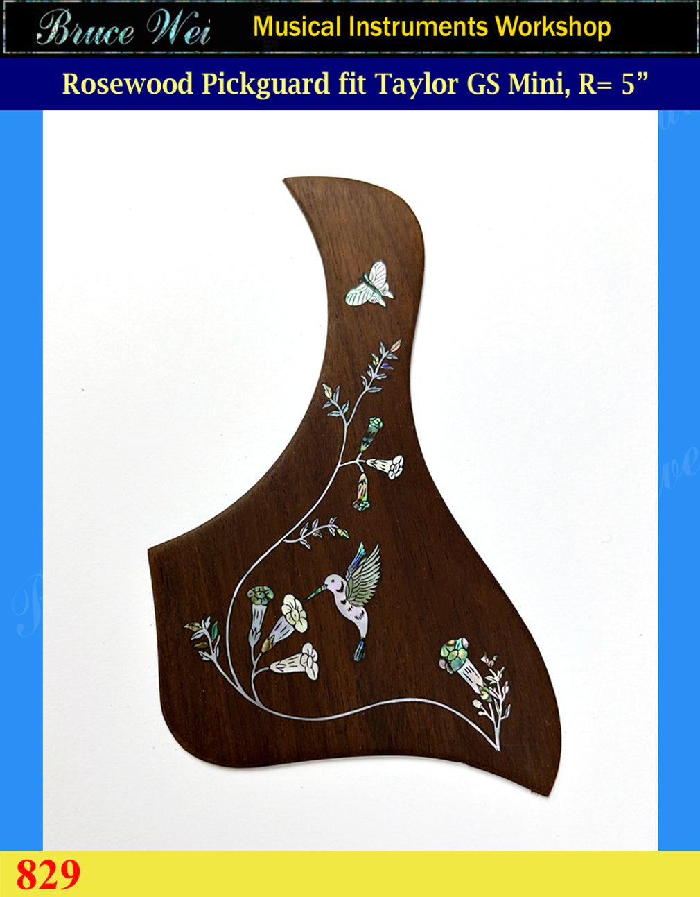 Fit Taylor GS Mini, 5" Rosette, Guitar Rosewood Pickguard, HummingBird Inlay, Bruce Wei (829)