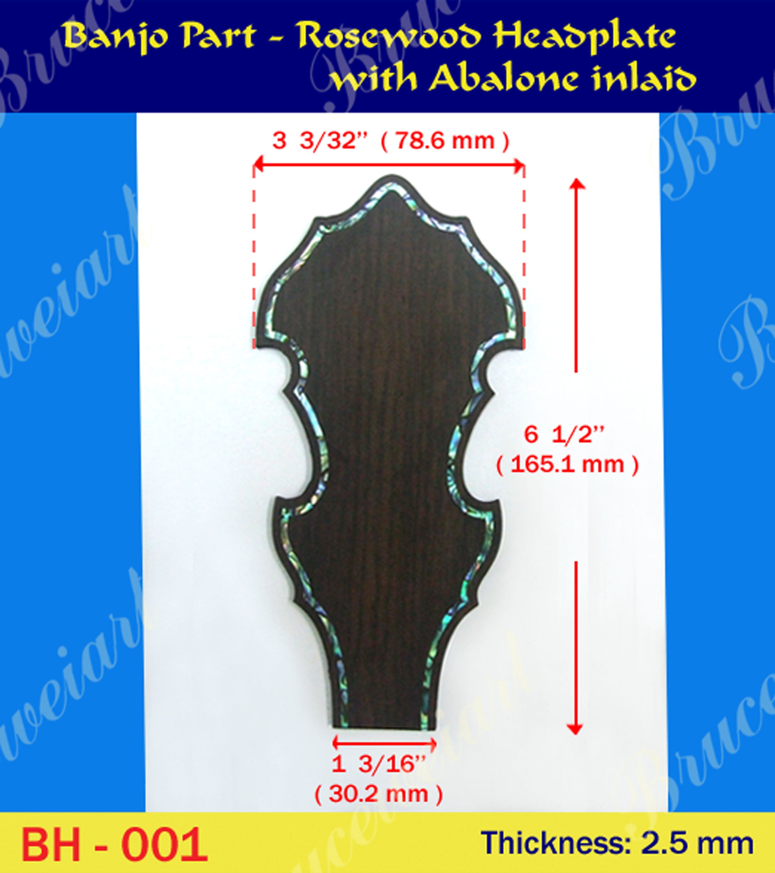 Banjo Rosewood Headplate, Abalone Inlay, Bruce Wei (BH-001)