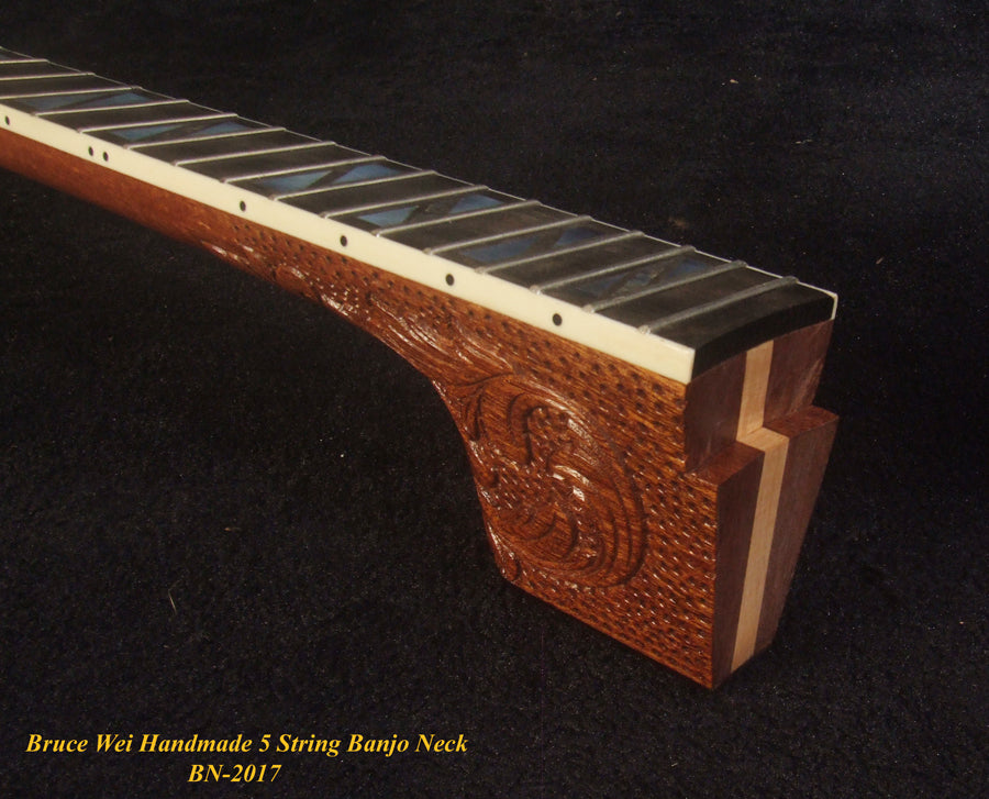 Handcrafted 5 String Banjo Neck, Solid Mahogany MOP & Abalone Block Inlay, Heel Carved BN-2017 Bruce Wei