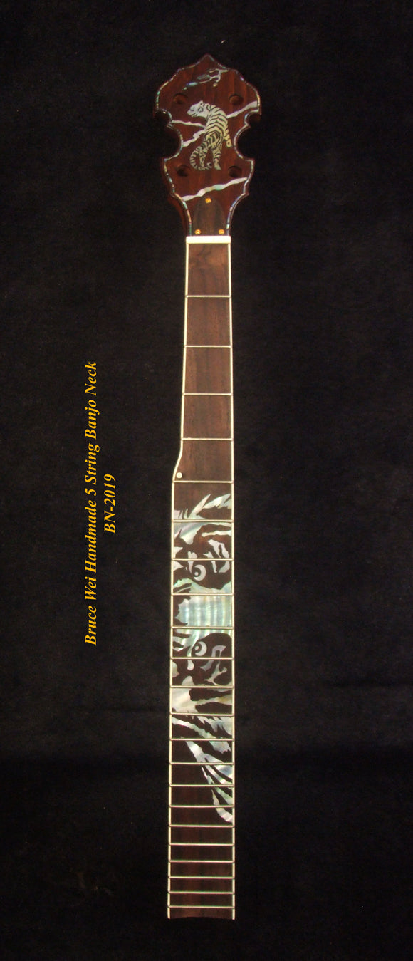 Handcrafted 5 String Banjo Neck, Solid Mahogany TIGER Inlay, Heel Carved, Bruce Wei BN-2019