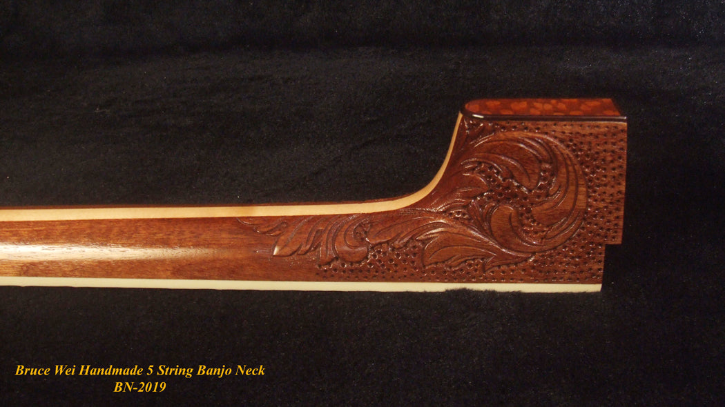 Handcrafted 5 String Banjo Neck, Solid Mahogany TIGER Inlay, Heel Carved, Bruce Wei BN-2019