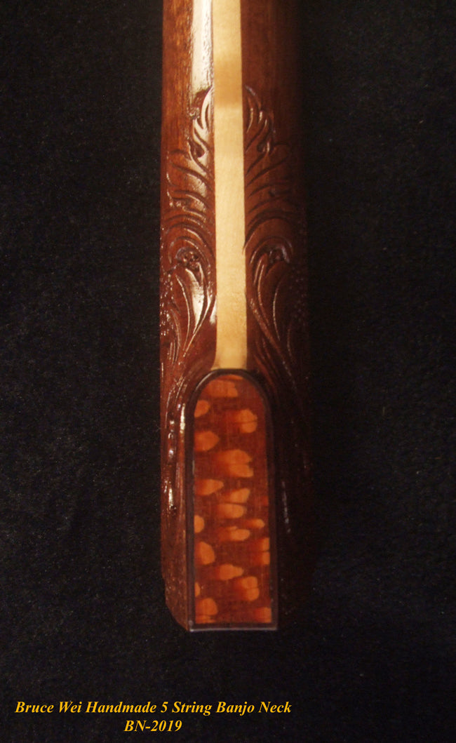 Handcrafted 5 String Banjo Neck, Solid Mahogany TIGER Inlay, Heel Carved, Bruce Wei BN-2019
