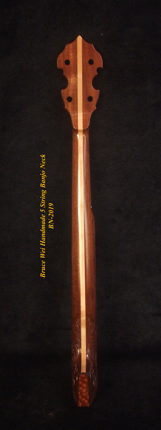 Handcrafted 5 String Banjo Neck, Solid Mahogany TIGER Inlay, Heel Carved, Bruce Wei BN-2019