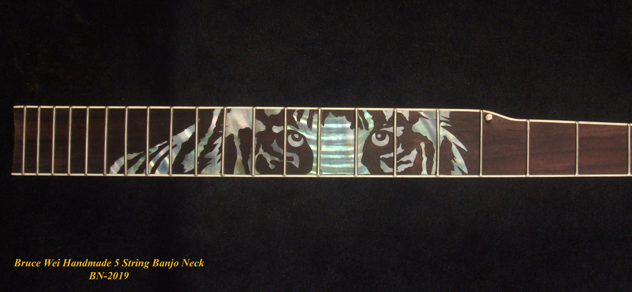 Handcrafted 5 String Banjo Neck, Solid Mahogany TIGER Inlay, Heel Carved, Bruce Wei BN-2019