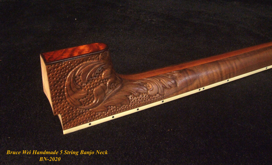 Handcrafted 5 String Banjo Neck, Solid Walnut & Mahogany DRAGON Inlay, Heel Carved, Bruce Wei BN-2020