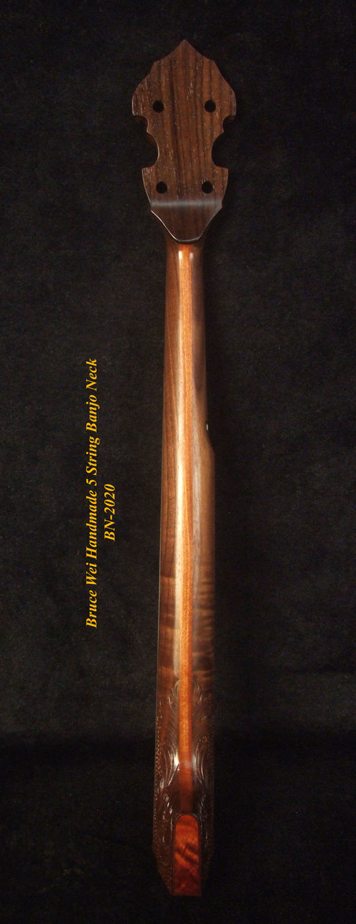 Handcrafted 5 String Banjo Neck, Solid Walnut & Mahogany DRAGON Inlay, Heel Carved, Bruce Wei BN-2020