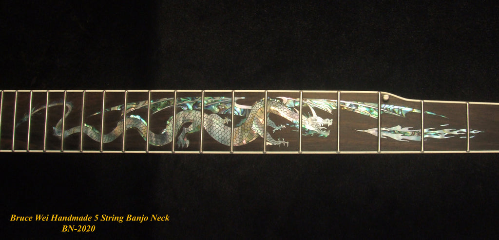 Handcrafted 5 String Banjo Neck, Solid Walnut & Mahogany DRAGON Inlay, Heel Carved, Bruce Wei BN-2020