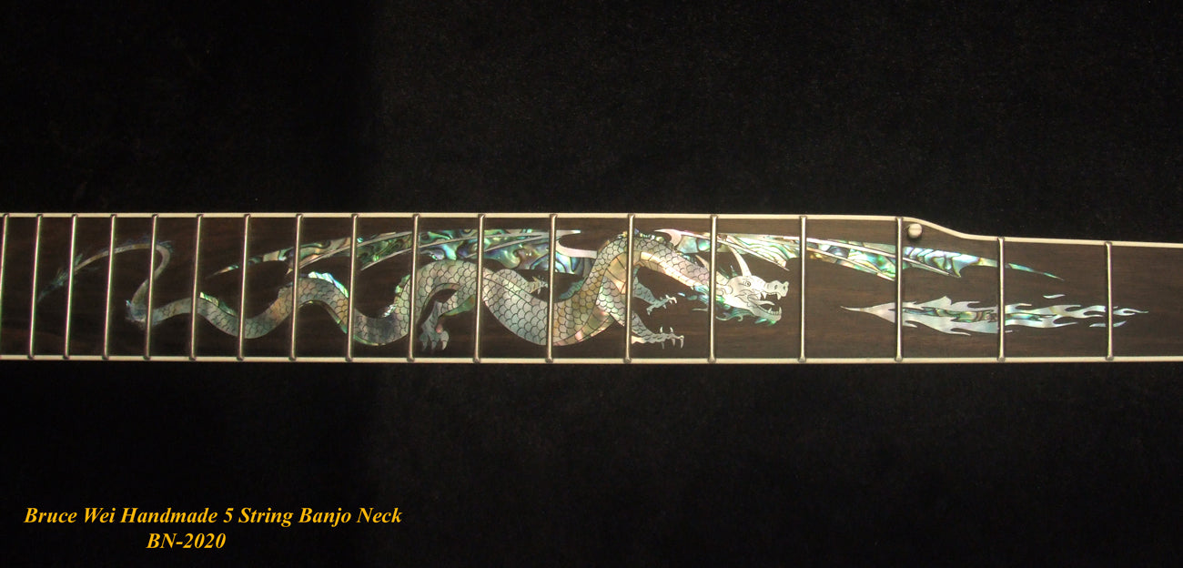 Handcrafted 5 String Banjo Neck, Solid Walnut & Mahogany DRAGON Inlay, Heel Carved, Bruce Wei BN-2020