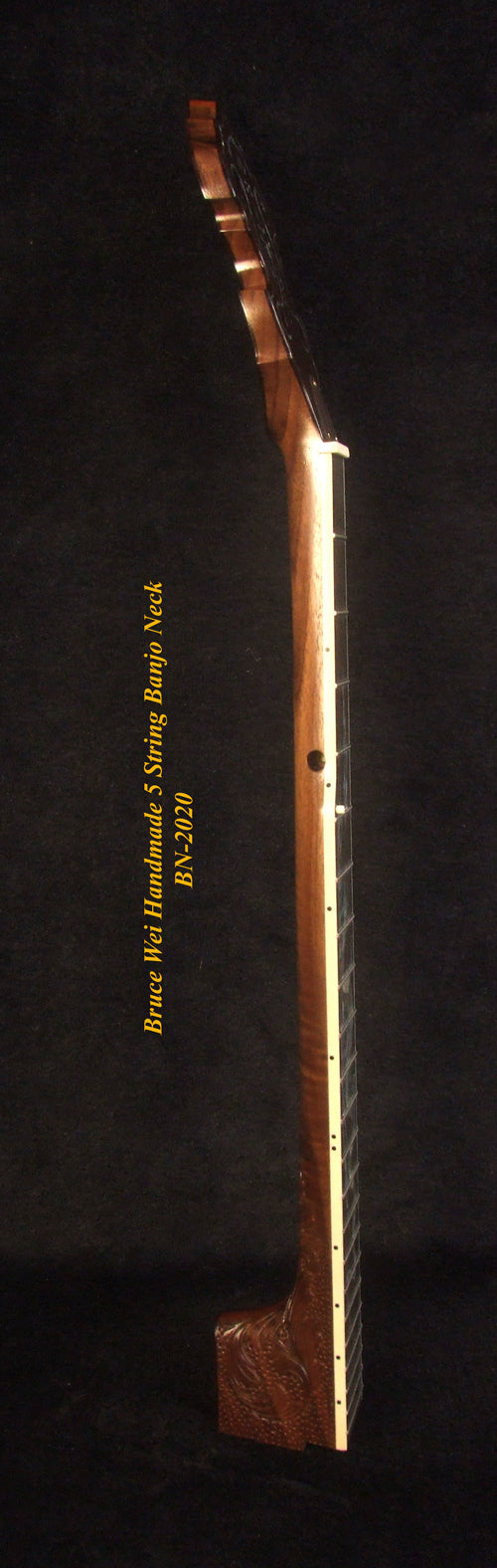 Handcrafted 5 String Banjo Neck, Solid Walnut & Mahogany DRAGON Inlay, Heel Carved, Bruce Wei BN-2020