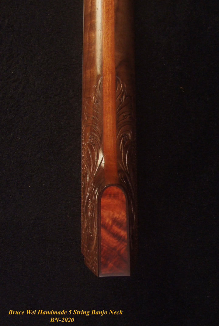 Handcrafted 5 String Banjo Neck, Solid Walnut & Mahogany DRAGON Inlay, Heel Carved, Bruce Wei BN-2020