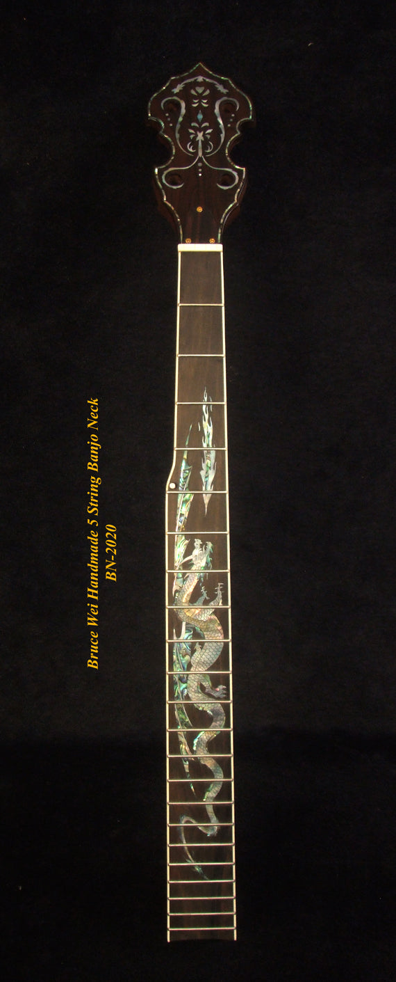 Handcrafted 5 String Banjo Neck, Solid Walnut & Mahogany DRAGON Inlay, Heel Carved, Bruce Wei BN-2020
