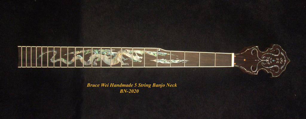 Handcrafted 5 String Banjo Neck, Solid Walnut & Mahogany DRAGON Inlay, Heel Carved, Bruce Wei BN-2020