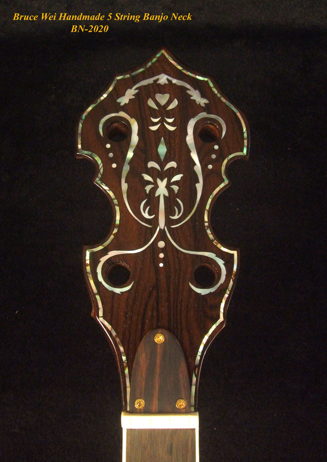 Handcrafted 5 String Banjo Neck, Solid Walnut & Mahogany DRAGON Inlay, Heel Carved, Bruce Wei BN-2020