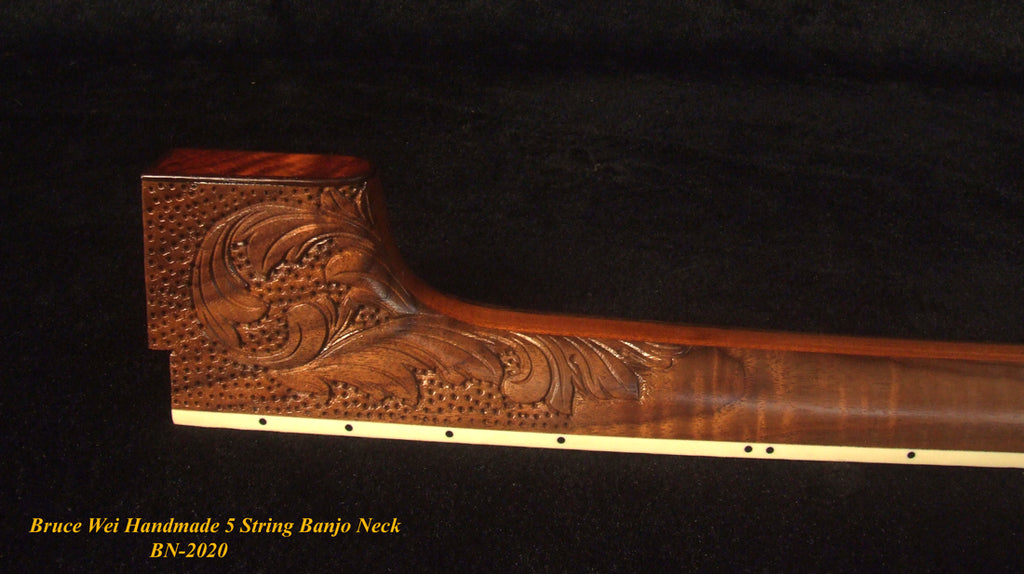 Handcrafted 5 String Banjo Neck, Solid Walnut & Mahogany DRAGON Inlay, Heel Carved, Bruce Wei BN-2020