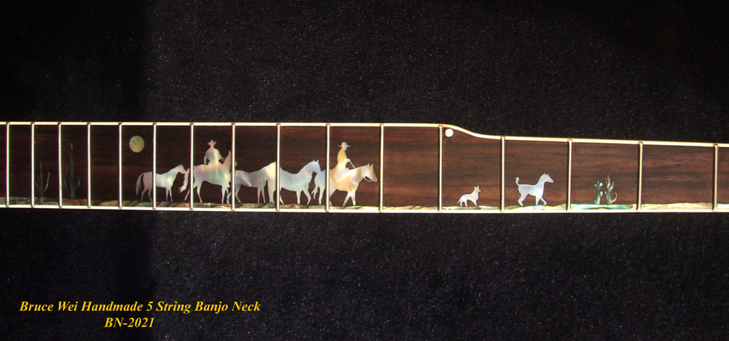Handcrafted 5 String Banjo Neck, Solid Mahogany & Hard Maple CowBoy Inlay, Heel Carved, Bruce Wei BN-2021