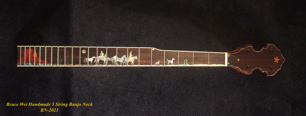Handcrafted 5 String Banjo Neck, Solid Mahogany & Hard Maple CowBoy Inlay, Heel Carved, Bruce Wei BN-2021