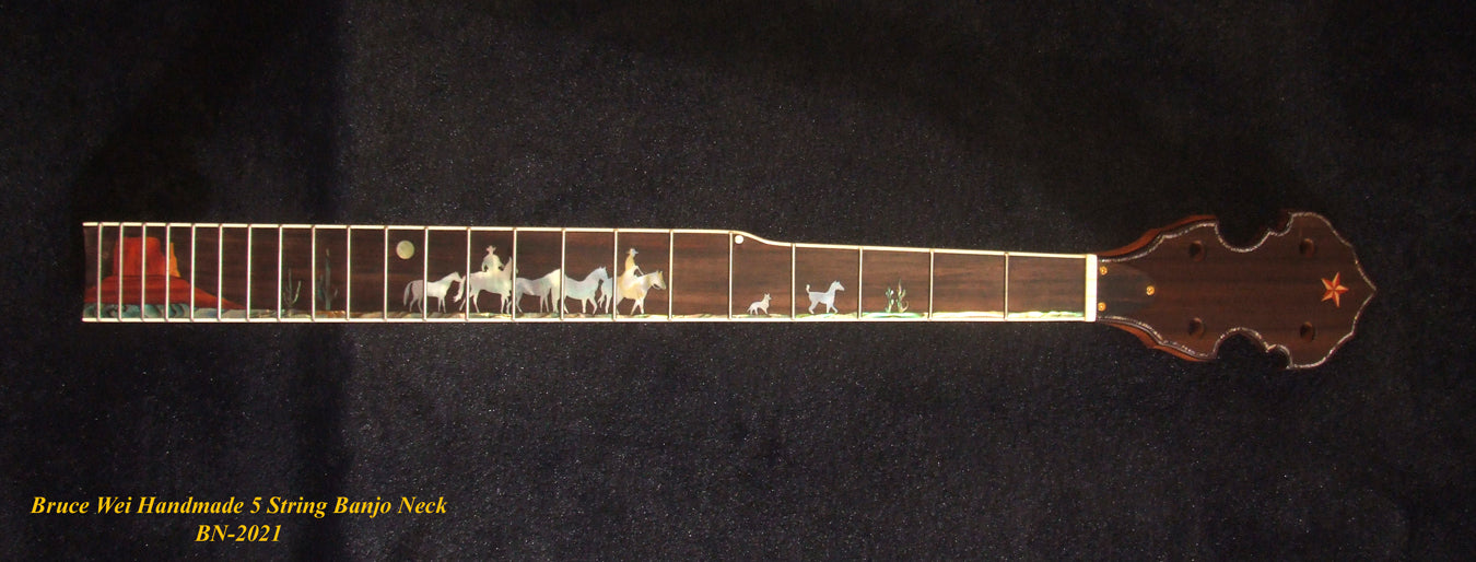 Handcrafted 5 String Banjo Neck, Solid Mahogany & Hard Maple CowBoy Inlay, Heel Carved, Bruce Wei BN-2021